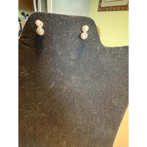 Silver Tone Double Ball Stud Earrings Modern Post Faux Pearl Two-Tone Elegant - Picture 2 of 7